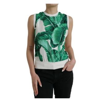 Dolce & Gabbana Sleeveless Tops, female, Multicolor, Size: 3XS Silk Banana Leaf Print Tank Top