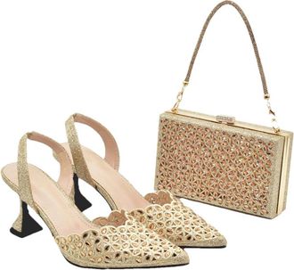 Generic Womens Shoes and Bags Set Sparkly Rhinestone Decorated High Heels Shoes Strap Shoulder Bag for Party Wedding Gold