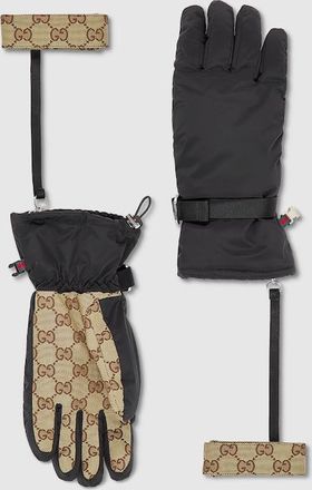 Gucci GG Padded Gloves With Wrist Straps, Size 8.5, Black, Fabric