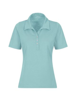 Trigema Poloshirt TRIGEMA TRIGEMA Poloshirt aus Baumwolle mit Kristallsteinen, Damen, Gr. XXL, blau (gletscher), 100% Baumwolle, Basic, Shirts Poloshirt