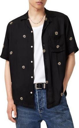 AllSaints Fleur Peace Camp Shirt in Jet Black at Nordstrom Rack, Size Xx-Large