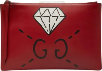 Gucci Black Red Color Leather Clutch Bag Pouch (Pre-Owned)