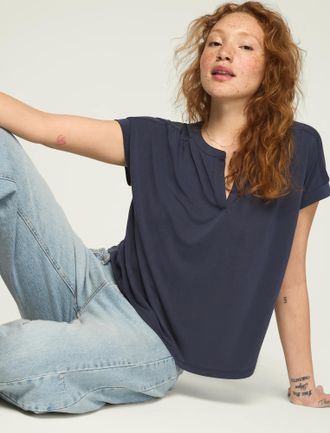 Lucky Brand Womens Sandwash Notch Neck Dolman Tee
