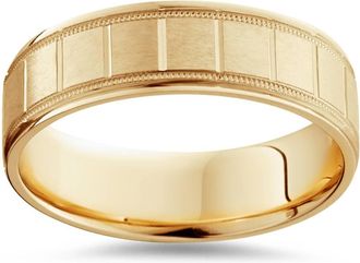 Pompeii3 6mm Flat Brushed Hand Carved Mens 14K Yellow Gold Flat Wedding Band