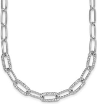 Diamond2Deal Sterling Silver Polished Fancy Cubic Zirconia Paperclip Chain Necklace 18