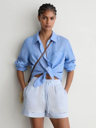Reiss Ice Blue Linen Ladder-embroidery Shorts, 10