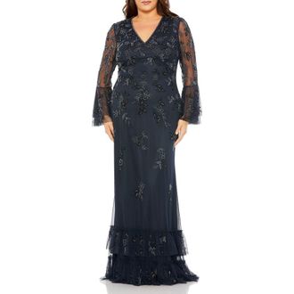 Mac Duggal V-Neck Embellished Flutter Tiered Long Sleeve Gown in Midnight at Nordstrom, Size 14W