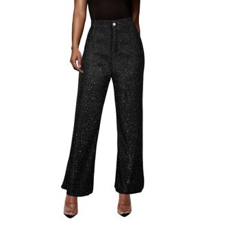 Generic Sequin Trousers for Women Elastic Waist Slim Fit Wide Leg Pants Loose Comfort Sparkly Trousers High Waist Palazzo Trousers Plus Size Party Trousers wi