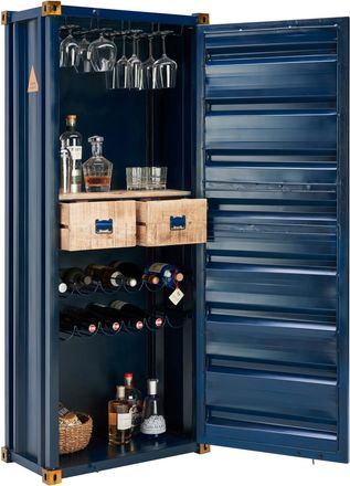 Ambia Home Barschrank, Blau, Goldfarben, Metall, Mangoholz, Hartholz, Vintage, 1 F&auml;cher, 2 Schubladen, 73x176x41 cm, stehend, handgemacht, Esszimmer, Barm&ouml;bel, B