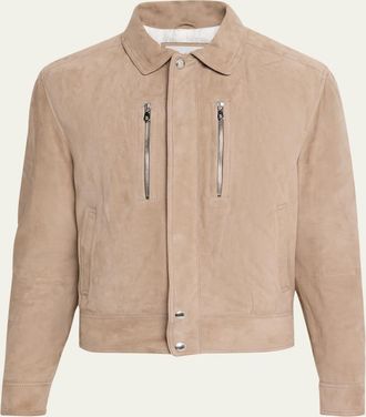 Brunello Cucinelli Mens Suede Full-Zip Jacket with Chest Zips