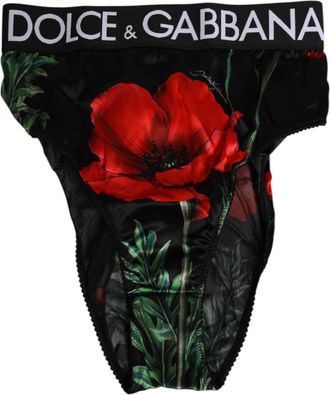 Dolce & Gabbana Womens Black Floral Print High Waist Sheer Mesh Underwear And Red Silk Clothing
