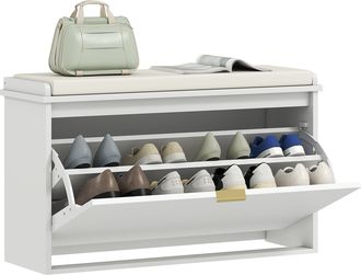 OEM Banco Zapatero Con Asiento Acolchado Caj&oacute;n Abatible Y Estante Ajustable Para Entrada O Dormitorio 80x26x47,5 Cm Blanco