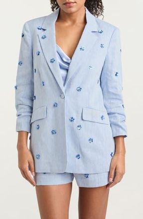 Cinq &agrave; Sept Kylie Floral Appliqu&eacute; Linen & Cotton Blazer in Blue Hydrangea at Nordstrom Rack, Size 12