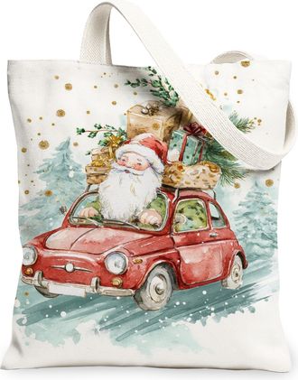 Generic Christmas Santa Car Canvas Tote Bags, Holiday Vintage Design Lightweight Washable Grocery Bags, Eco-Friendly Reusable Shopp, White, 13x15 Inch