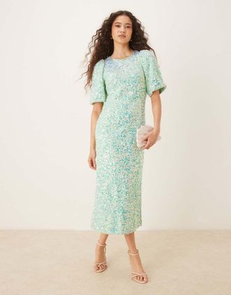 Vero Moda Vestito da giorno verde tenue testurizzato con paillettes iridescenti e gonna al polpaccio