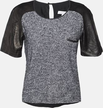 Sandro Black Terry & Leather Short Sleeve Blouse