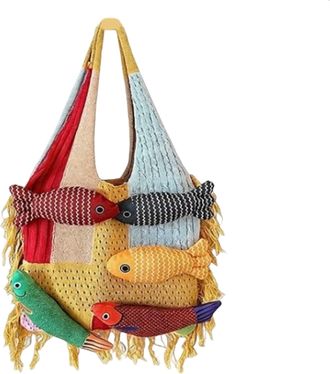 Generic 3D Fish Knitted Tote Bag,Cute Cartoon Fish Patchwork Shoulder Bags,Large Capacity Bohemian Hobo Handbag for Travel Vacation (C)