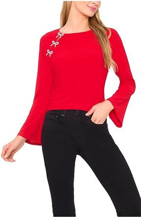 CeCe by Cynthia Steffe Pearl Bow Applique Long Sleeve Knit Top Womens Clothing Luminous Red : XS, Polyester/Spandex