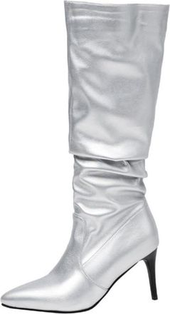 Generic Womens Pointed Toe Slouchy Knee High Boots Faux Leather Stiletto Heel Stylish Comfortable Slip Resistant Wear Resistant For Party Evening Daily,Silver
