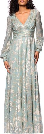 Betsy & Adam Foil Pattern Long Sleeve Gown in Sage/Gold at Nordstrom, Size 10