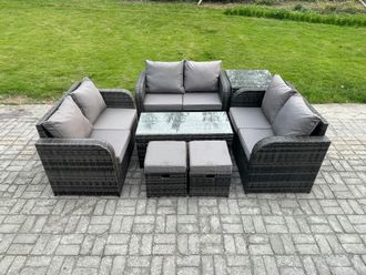 Fimous 8 Seater Rattan Garden Furniture Set Indoor Outdoor Patio Sofa Set w/ Coffee Table Love seat Sofa Side Table 2 Small Footstools Dark Grey Mixed
