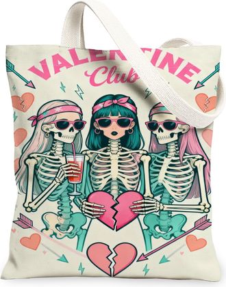Generic Valentine Skeleton Canvas Tote Bags, Fun Skeleton Graphic Reusable Shopping Bags, Lightweight Washable Shoulder Strap, Beige, 13x15 Inch