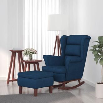 vidaXL Poltrona a Dondolo con Gambe in Legno e Poggiapiedi Blu Velluto - Vidaxl