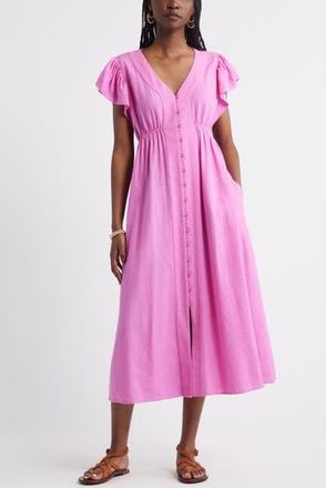 Treasure & Bond Short Sleeve Button Down Linen Blend Midi Dress in Pink Surprise at Nordstrom Rack, Size X-Large