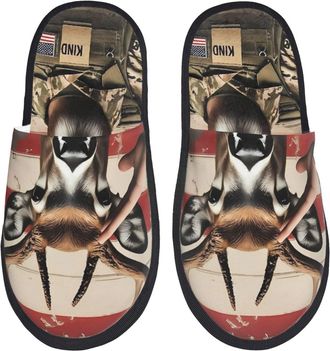 Generic Patriotic Deer Soldier Salute Men Women House Shoes Non-Slip Shoes Fuzzy Sliders For Indoor Outdoor Bedroom M