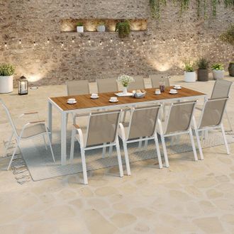 IDMarket Conjunto De Muebles De Jard&iacute;n Noumea Tablero De Cristal Templado Efecto Madera 240 Cm Y 10 Sillas Apilables Blancas Y De Madera
