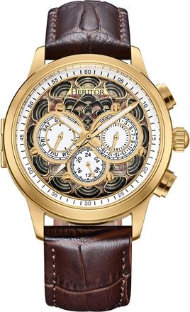 Heritor Apostle Leather-Band Watch w/ Day/Date - Gold/Brown