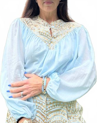 Greek Archaic Kori Mao Collar Long Sleeve Shirt In Ciel/gold