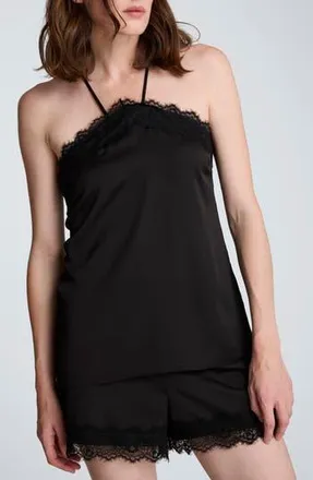 Kenneth Cole Eyelash Lace Trim Satin Top in Black at Nordstrom Rack, Size X-Large