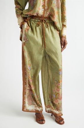 Zimmermann Indra Border Print Relaxed Silk Wide Leg Pants in Khaki Scarf Floral at Nordstrom, Size 1