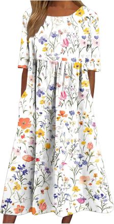 Generic Summer Dresses for Women UK Italian Short Sleeve Crew Neck Floral Dresses with Pockets Casual Flower Print Swing Midi Dress Loose Lounge Pullover Dres