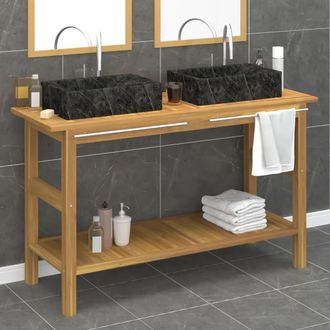 vidaXL Tocador De Ba&ntilde;o Madera Maciza De Teca Con Lavabos M&aacute;rmol Negro Vidaxl