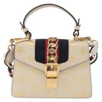 Gucci Sylvie Top Handle Bag Printed Leather Beige Leather Handbag (Pre-Owned)