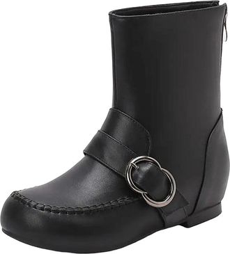 Generic Womens Vintage Style Mid Calf Boots Round Toe Hidden Wedge Heel With Side Zipper And A Decorative Buckle