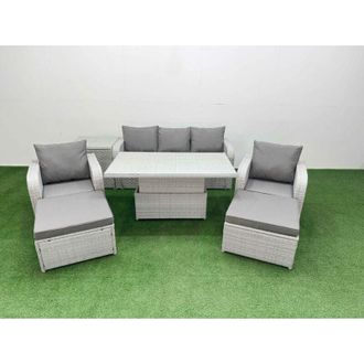 Fimous Pe Rattan Garden Furniture Set Reclining Chair Sofa Lounge Sofa Set Adjustable Lifting Dining or Coffee Table Side Table 3 Stools Light Grey - Fimous