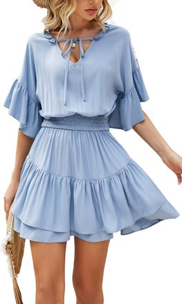 Homeyee Womens Elegant Flutter Sleeve Tie Neck Ruffle Summer Casual Swing Dress A357 (XL, Light Blue)