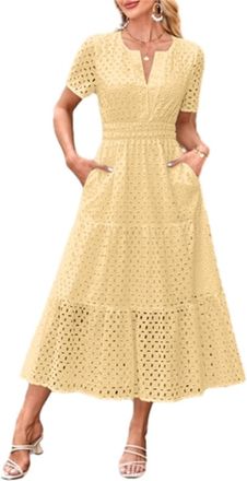 Generic Womens Summer Dress V Neck Boho Maxi Dresses Casual Short Sleeve Long Bohemian Hollow Out Eyelet Beach Dress Ladies Flowy Holiday Swing Loose Fit Dres
