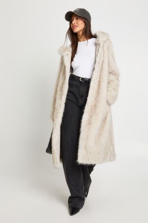 Boohoo Womens Hooded Belted Fur Maxi Coat - Off-White - Size 10 UK