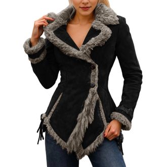 Generic Womens Vintage Faux Suede Winter Coat with Faux Fur Collar, Long Jacket in Black/Brown Bohemian Plus Size Long Coat