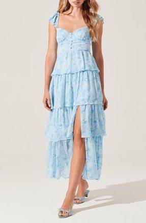 ASTR the Label Midsummer Floral Print Tiered Ruffle Dress in Blue Floral at Nordstrom Rack, Size X-Large