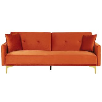 Beliani Sof&aacute; Cama Con Asiento Abotonado De Terciopelo Naranja De 3 Plazas Sala De Estar Tradicional Mecanismo De Click Clack Lucan