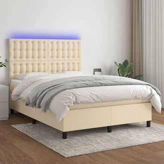 vidaXL Cama Box Spring Colch&oacute;n Y Luces Led Tela Crema 140x190 Cm Vidaxl