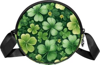 Generic Circle Crossbody Bag for Women, Cute Clover Print Small Sling Bag Daypack with Zipper Adjustable Shoulder Straps Casual Ladies Girls Round Purse