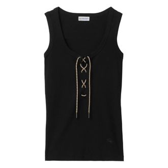 Burberry Sleeveless Tops, female, Black, Size: XS Check Trim Cotton Blend Tank Top
