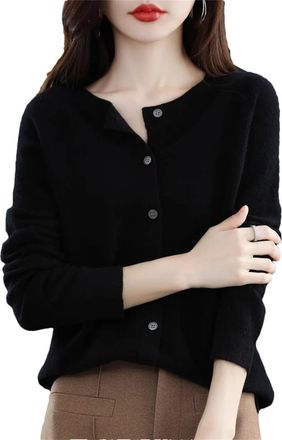Generic Women 100% Merino Wool Crewneck Cardigan Sweater Long Sleeve Knit Jumper Tops Loose Shirt Tops Black L