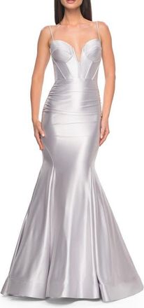 La Femme Satin Mermaid Prom Gown with Corset Top in Silver at Nordstrom, Size 00